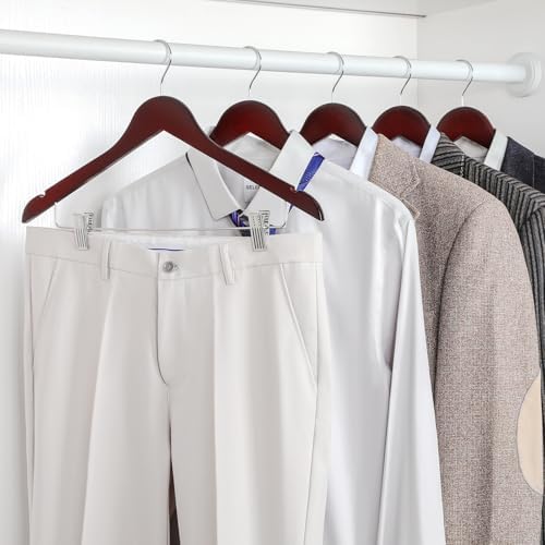 TOPIA HANGER Wooden Suit Hangers with Adjustable Metal Clips (10 Pack), Solid Wood Clothes Hangers, 360° Swivel Hook, Premium Pants Hangers for Clothes Coat, Jeans, Blouse- Cherry CT28M