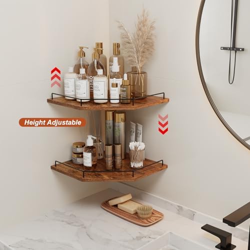 JJL Corner Shelf Wall Mounted, 12 Inches 2-Tier Floating Corner Shelf, Hexagon Rustic Wood Decor with Fence, Brown Stora