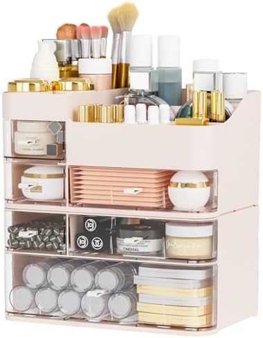 Pink Makeup Countertop Organizer,Large Capacity Make up Organizers for Vanity with 6 Drawer,Plastic Bathroom Skincare Or