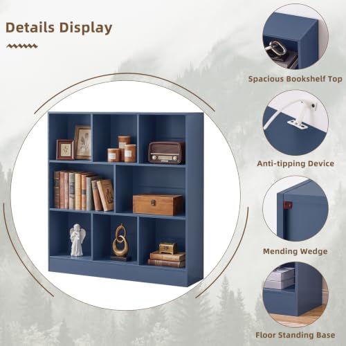 YAHARBO 3 Tier 8 Cube Horizontal Bookshelf,Low Bookcase - Sleves,Dark Blue