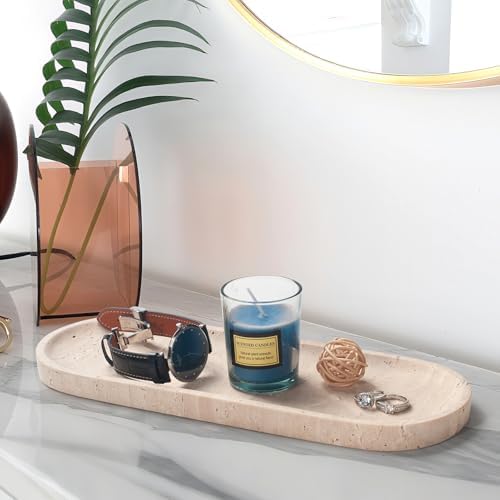 Oval Travertine Stone Tray for Jewelry, Candles, Perfume, Decorative Marble Bathroom Tray for Countertop Organizer 11.8i
