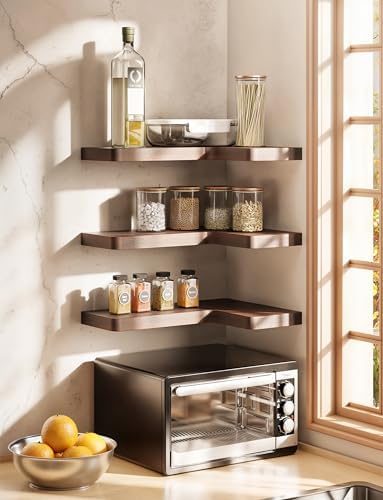 BATODA Acacia Wood Corner Floating Shelf 17” x 12”- Corner Shelf Wall Mounted - Floating Book Shelves for Wall - Corner 
