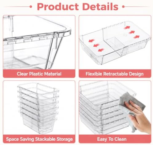 15 Pcs Expandable Drawer Organizer,Adjustable Drawer Organizer,2-Size,Clear