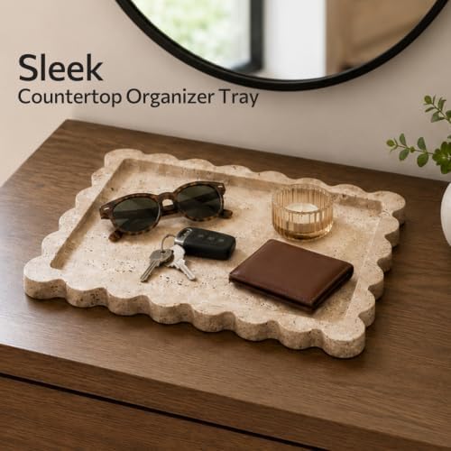 Travertine Bathroom Tray Countertop, Marble Vanity Tray for Home Decorative Dresser Organizer, Marble Scalloped Tray for