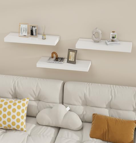 Vervida® White Floating Wall Shelves 24in Deep Set of 3 Modern 37 Lbs