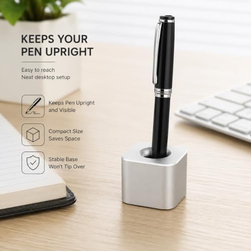 Coideal Silver Single Pen Holder Stand, Aluminum Desk Pen Base, Mini One-Hole Fountain Pen Holder for Pencil, Toothbrush, Makeup Brush, Office Desktop Organizer