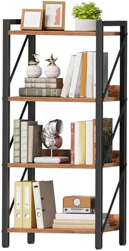 HOOBRO Bookshelf, 4-Tier Industrial Bookcase, Book Shelf Storage Organizer, Small Bookshelf with Metal Frame for Living 