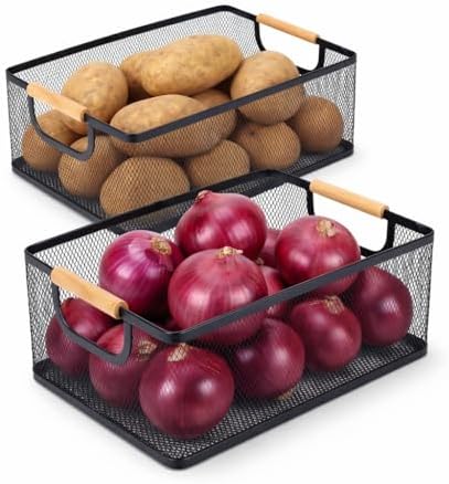 Potato and Onion Storage Baskets with Wood Handles, 2-Set Metal Mesh Bin for Kitchen, Pantry, Countertop, Ventilated Org