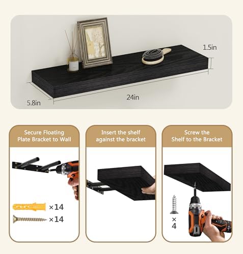 Vervida® Black Rustic Floating Wall Shelves 24in Set of 3 Hidden