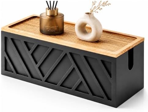 Chunful Large Wooden Cable Management Box, Geometric, Black