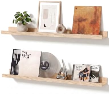 Oak Floating Shelves with Lip, 24 Inch Picture Ledge Shelf Set of 2