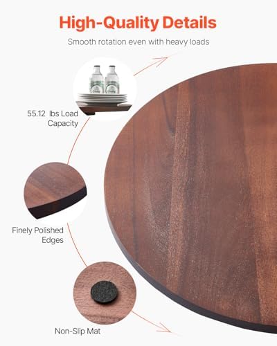 VEVOR 24 in Wood Lazy Susan Turntable, 360° Rotation Round Clear Tabletop Rotating Tray, Acacia Wood Dining Table Center