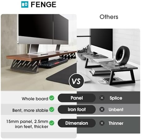 Fenge Monitor Stand Riser, Wooden & Metal Desk Shelf Organizer, Brown