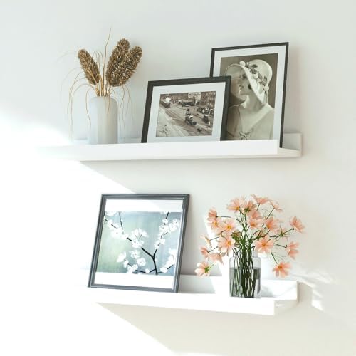 White Floating Shelves for Wall Decor, 16 in Shelf with Lip Set of 2