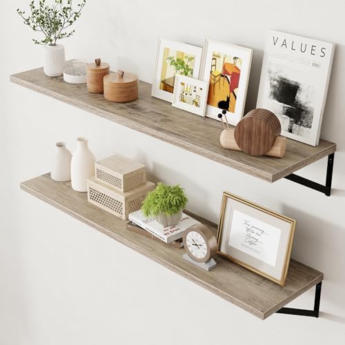 Axeman 12 Inch Deep Floating Shelves for Wall - 48 Inch Wide x 12 Inch Deep Wall Shelves Set of 2 - Rustic Grey Wood Flo