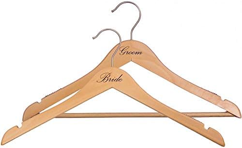 NAHANCO BG20017 Bridal Hanger Set, Natural Wood Hangers with Black Imprint (Bride and Groom), 17” (2 Piece Set)