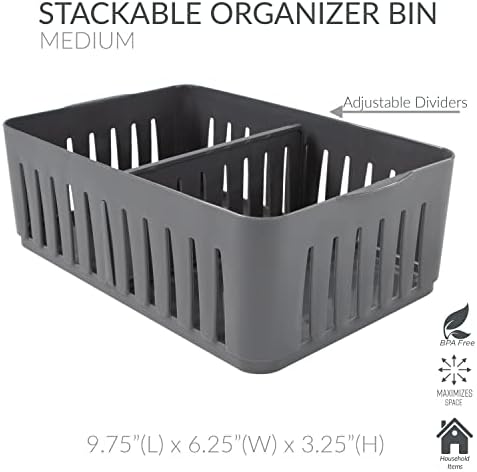 Simplify 4 Pack 3 Compartment Stackable Bin with Adjustable Dividers | Drawer Organizer | Storage Basket | Good for Office | Desk Supplies | Dorm | Bathroom | Accessories | Make Up | Grey