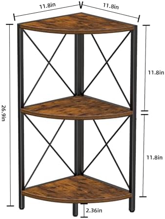Snughome Corner Shelf with Metal Frame, 3 Tier Rustic Corner Storage Organizer, Freestanding Corner Bookshelf Stand Disp
