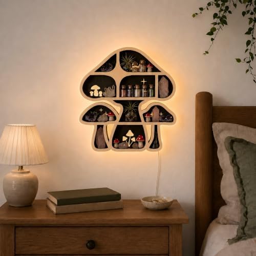 Mushroom Decor Floating Shelves with Lights, Crystal Display Shelf for Wall