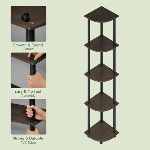 Furinno Turn-N-Tube Corner Shelf, 5-Tier Corner Bookshelf, Open Storage Shelves, for Organization and Storage, Living Ro