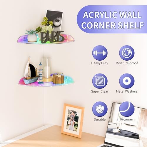 Sezanrpt 9.5x9.5 Inch Acrylic Corner Floating Shelf Set of 2, Iridescent Corner Wall Shelf for Home Décor, Speakers, Sec