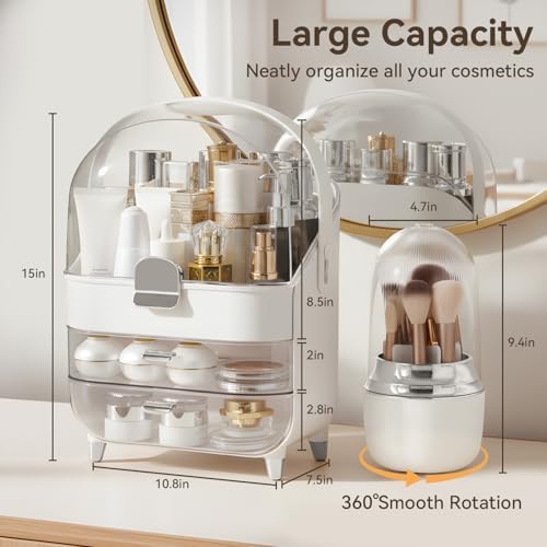 Makeup Organizer for Vanity with Brush Holder, Lid and 2 Drawers, Sliver