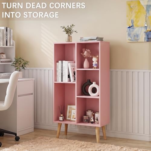 YAHARBO Small Light Pink Bookshelf,3 Tier Modern Kids Bookcase with Legs,5 Cube Wooden Bookshelves Storage Shelf,Book Sh
