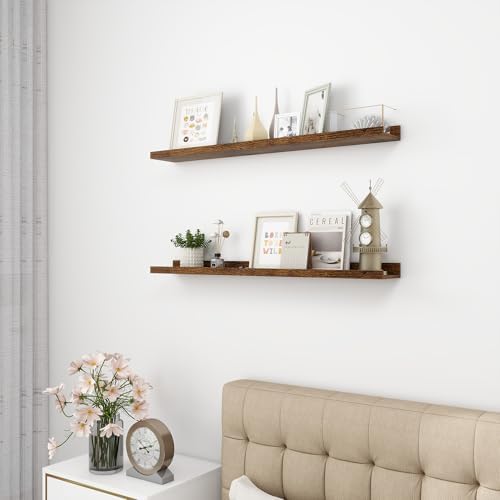 Acovy 36 inch Picture Ledge Shelf, Wood Floating Shelves, Brown, Set of 2