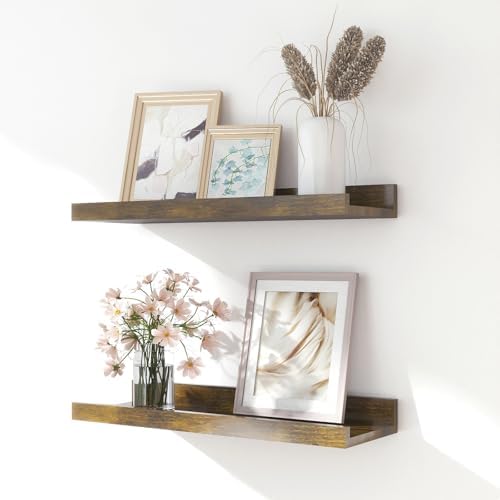 Brown Floating Shelves for Wall Decor, 14 in Shelf with Lip Set of 2