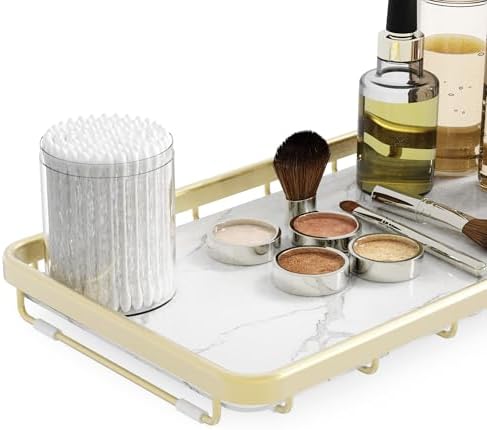 Counter Organizer for Bathroom, Kitchen or Coffee Bar, Metal Shelf with Faux Marble, Vanity Countertop Makeup Storage, D
