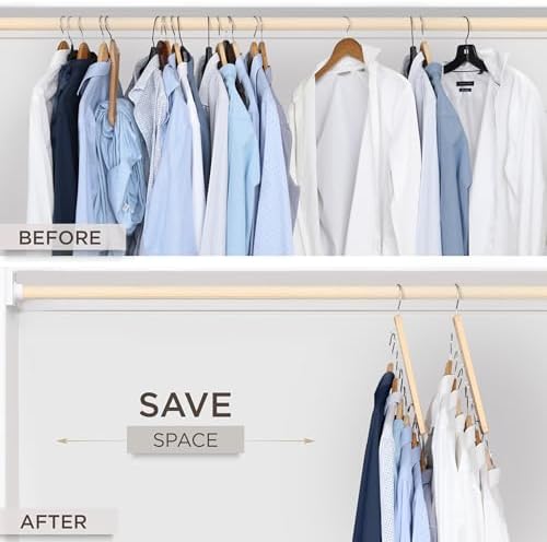 MORALVE Space Saving Hangers for Closet – 4 Pack European Beechwood 6-Tier Shirt Organizer with 360° Swivel Hook – Colla