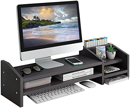 Computer Monitor Riser, 2 Tier Wooden Stand With Two Layer Storage Rack, Black Desktop Organizer for PC/Laptop, Home & O