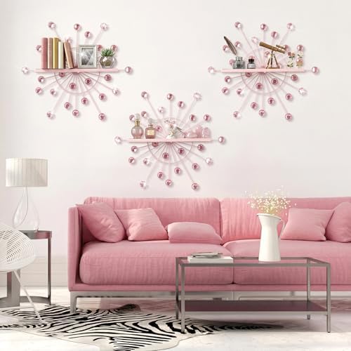 Yaocom 3 Pcs Bling Crystal Floating Shelves Metal Starbursts Wall Decor Folding Shelf Pink Corner Shelves Hanging Wall M