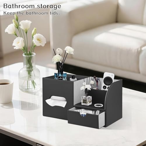 PU Leather Tissue Box Cover Square with Drawer Storage and Tray on Top