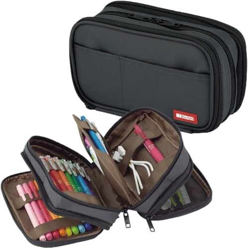 LIHITLAB Large Capacity Triple Zipper Pencil Case For School Office College, Big Capacity 8 Compartments Pencil Bag Holder Adults Teen Boys Girls, Travel Cosmetics Storage, Black (A7556-24)