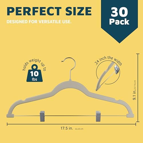 Lifemaster Velvet Skirt Hangers – with Adjustable Clips, 360 Degree Swivel Hook, and Non-Slip Shoulder Notch, Holds Up to 10 lbs, for Organizing Skirt, Pants, Dress, and Clothes, Pack of 30, Ivory