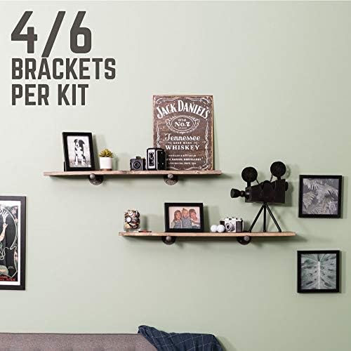 PIPE DECOR Industrial Pipe Shelf Brackets, 6 Inch, 4 Pack – Wall Mounted Double Flange Floating Shelf Hardware, Rustic V
