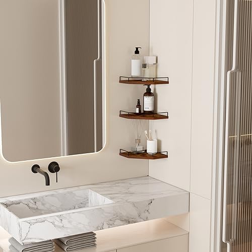 HORLIMER Set of 3 Floating Corner Shelf Wall Mount with Fence, Brown