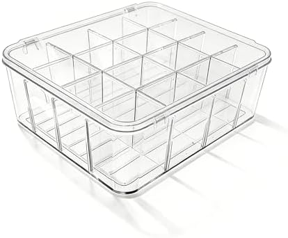 Socks Underwear Drawer Organizer, 16 Compartment Clear Plastic Storage Box with Lid & Adjustable Dividers, Tie Box, Tea Bag Organizer, Acrylic Organizer Box (12x10x3.9 Inch)