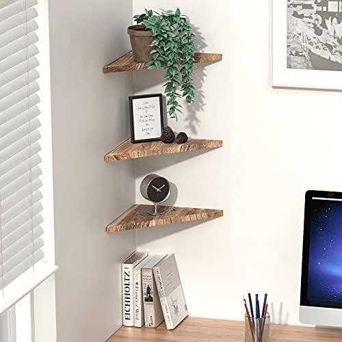Wall Mounted Rustic Wood Straight Edge Corner Shelf Storage Rack, Bookcase, Floating Shelves Home Decor for Bedroom, Liv