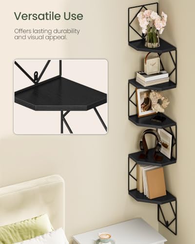 CHOEZON 5-Tier Corner Shelf, Floating Shelf, Wall-Mounted Storage Shelf, Wall Decor, Narrow Corner Bookshelf, for Living
