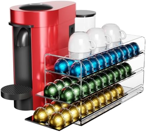 Acrylic Coffee Pod Drawer for Nespresso Vertuo Capsules, 3 Tier 60 Capacity Pods Organizer for Countertop Coffee Bar Hom