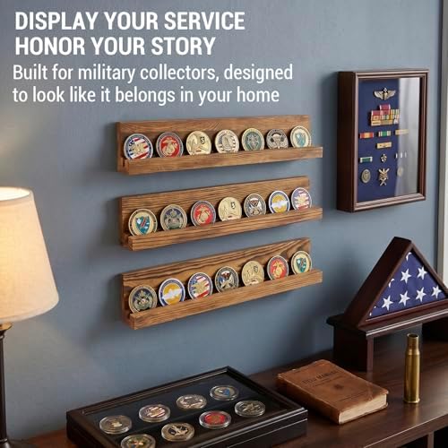 MyGift Challenge Coin Display Wall Mounted Military Challenge Coin Display Holder and Coin Collection Ledge Shelf Rack, 