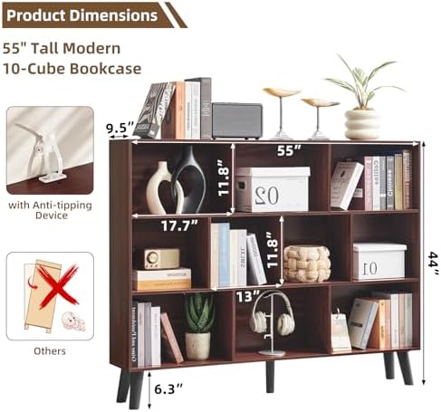 LEYAOYAO 10 Cube Bookshelf, Mid-Century Modern Book Shelf with Legs, Walnut
