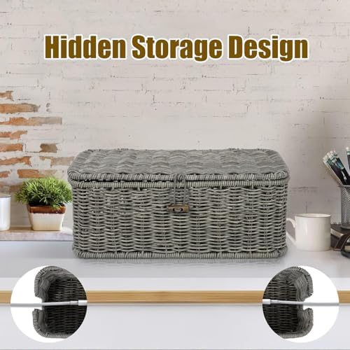 Handwoven Rattan Cable Management Box, Basket to Hide Cords, Container for Tv Wire, Computer, Router, USB Hub (Beige, M：