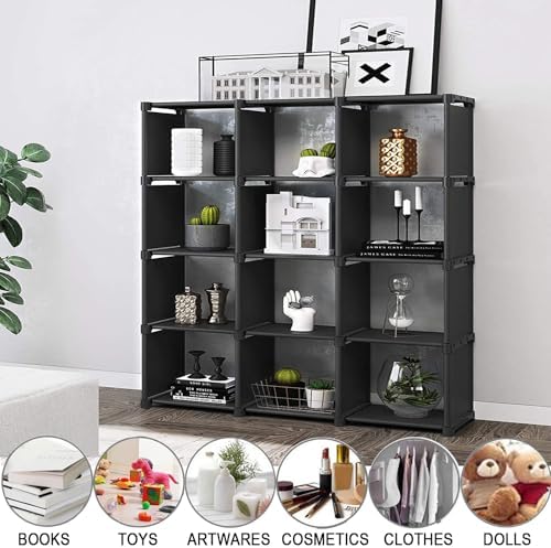 12 Cube Storage Organizer Book Shelves, DIY Open Stackable Bookshelf, Extra Large Plastic Bookcase Rack for Bedroom, Liv