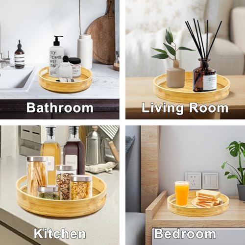 Wooden Lazy Susan Organizer for cabinet-12 Inch Bamboo Kitchen Turntable Organizer with Double Handles-Large Bamboo Lazy