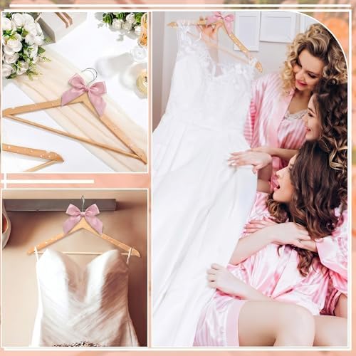 Wonderjune Blush Pink 10 Pcs Bride Hanger for Wedding Bride Groom Bridesmaid Ribbon Bow Pearl Hanger Wood Color Elegant Wooden Dress for Bridal Shower Tuxedo Photo Keepsake Party Gift (Pearl Bow)