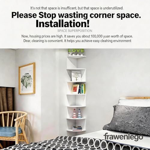 7-Tier Corner Shelf Wall Mount, Screw-Mounted Floating Bookshelf with Enhanced Support, Space-Saving Zigzag Shelf for Be