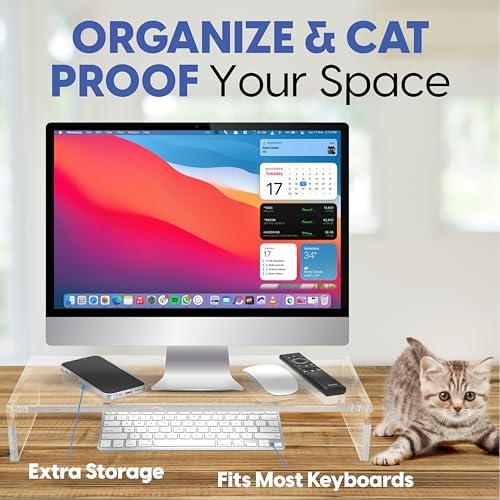 Mammoth High Grade Heavy Duty Clear Acrylic Computer Monitor Riser Stand for Home and Office, 20" Wide Base with 50LBs L